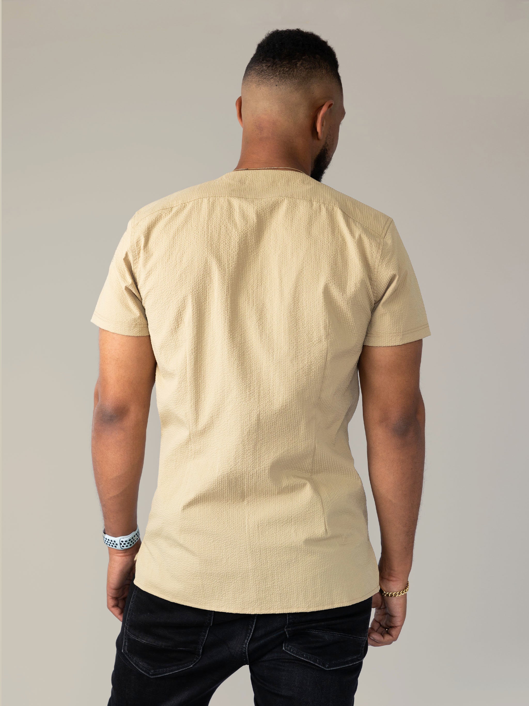 SeerTech™ Seersucker Collarless Short Sleeve Button Up - Beige (Recycled)
