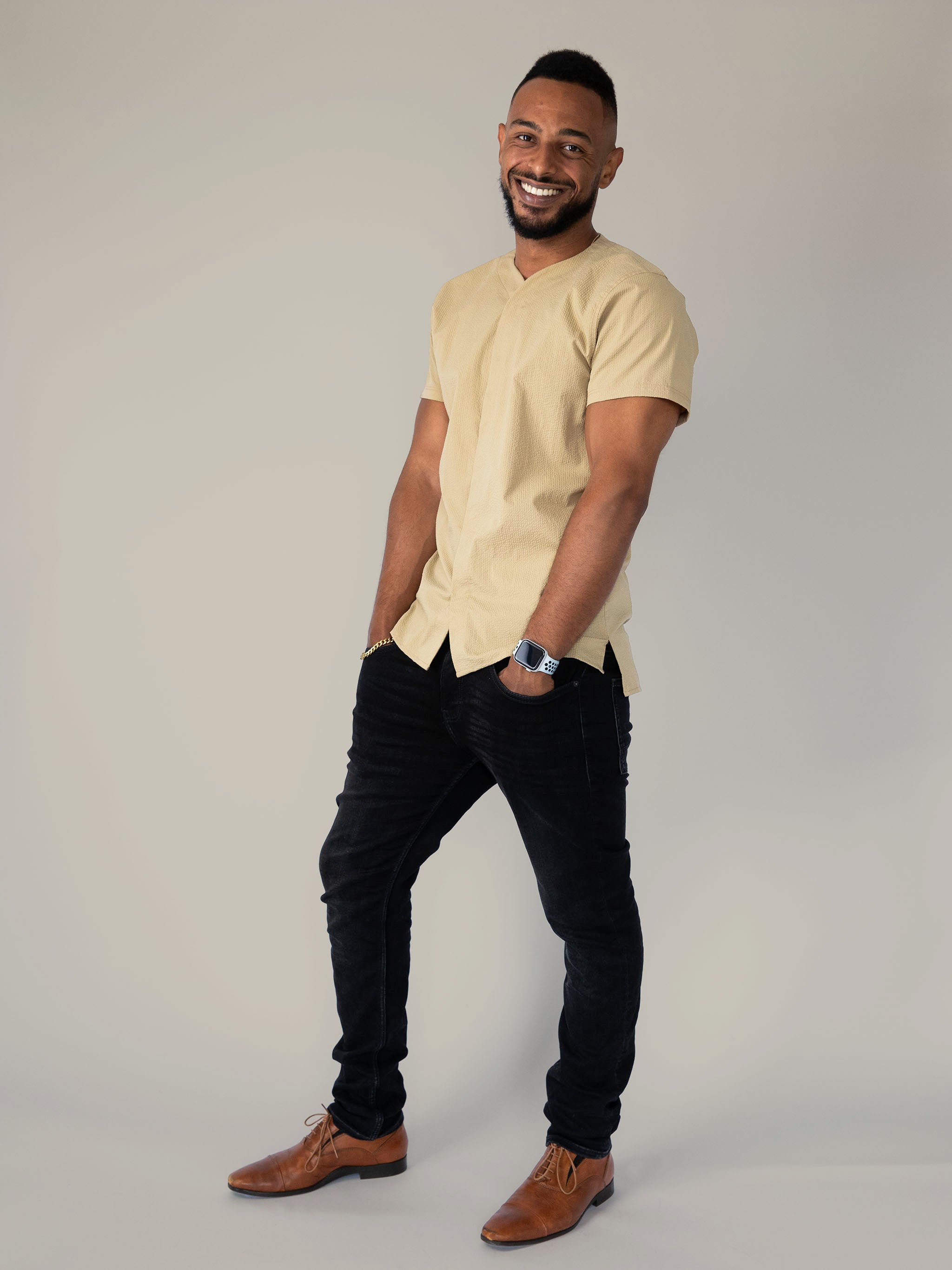 SeerTech™ Seersucker Collarless Short Sleeve Button Up - Beige (Recycled)