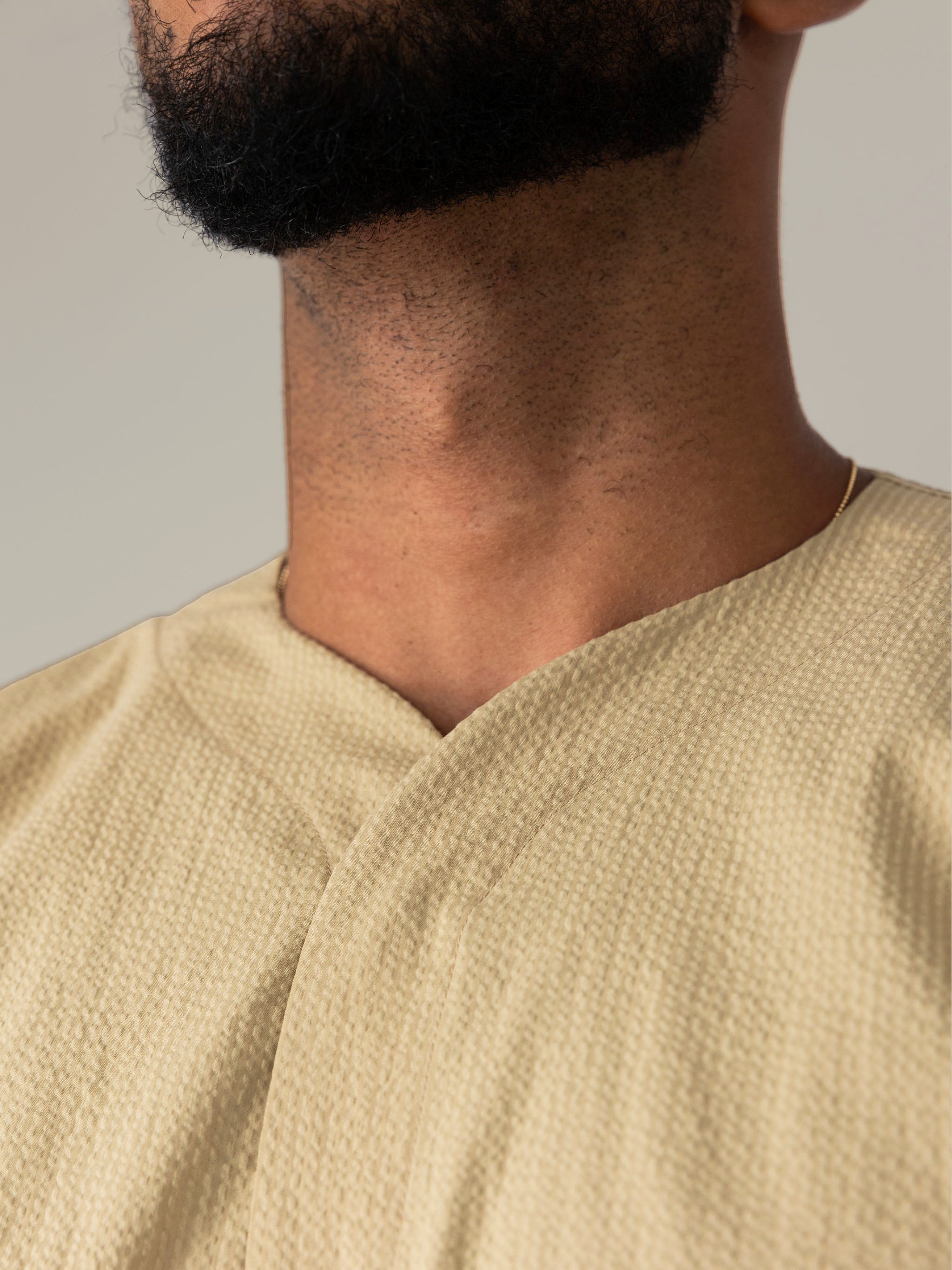 SeerTech™ Seersucker Collarless Short Sleeve Button Up - Beige (Recycled)