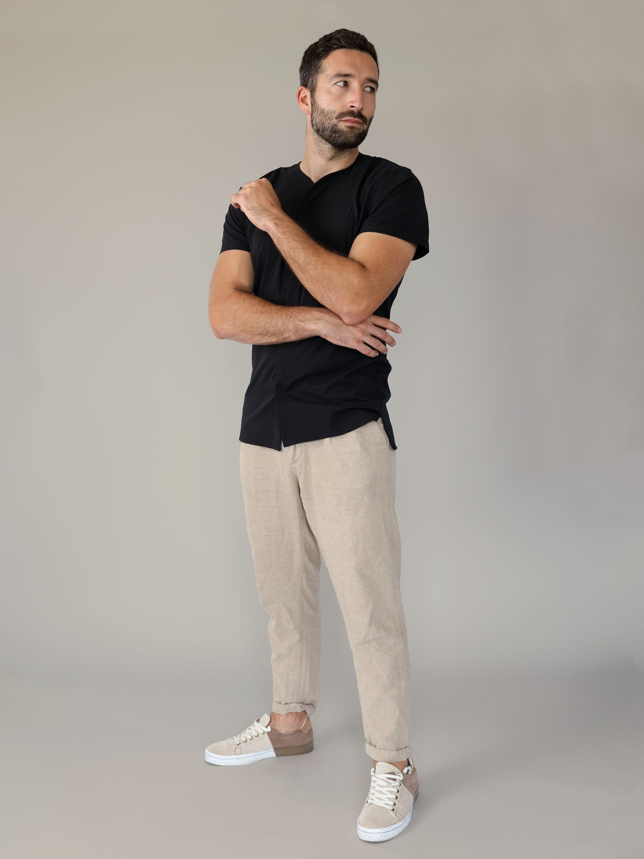 SeerTech™ Seersucker Collarless Short Sleeve Button Up - Black (Recycled)