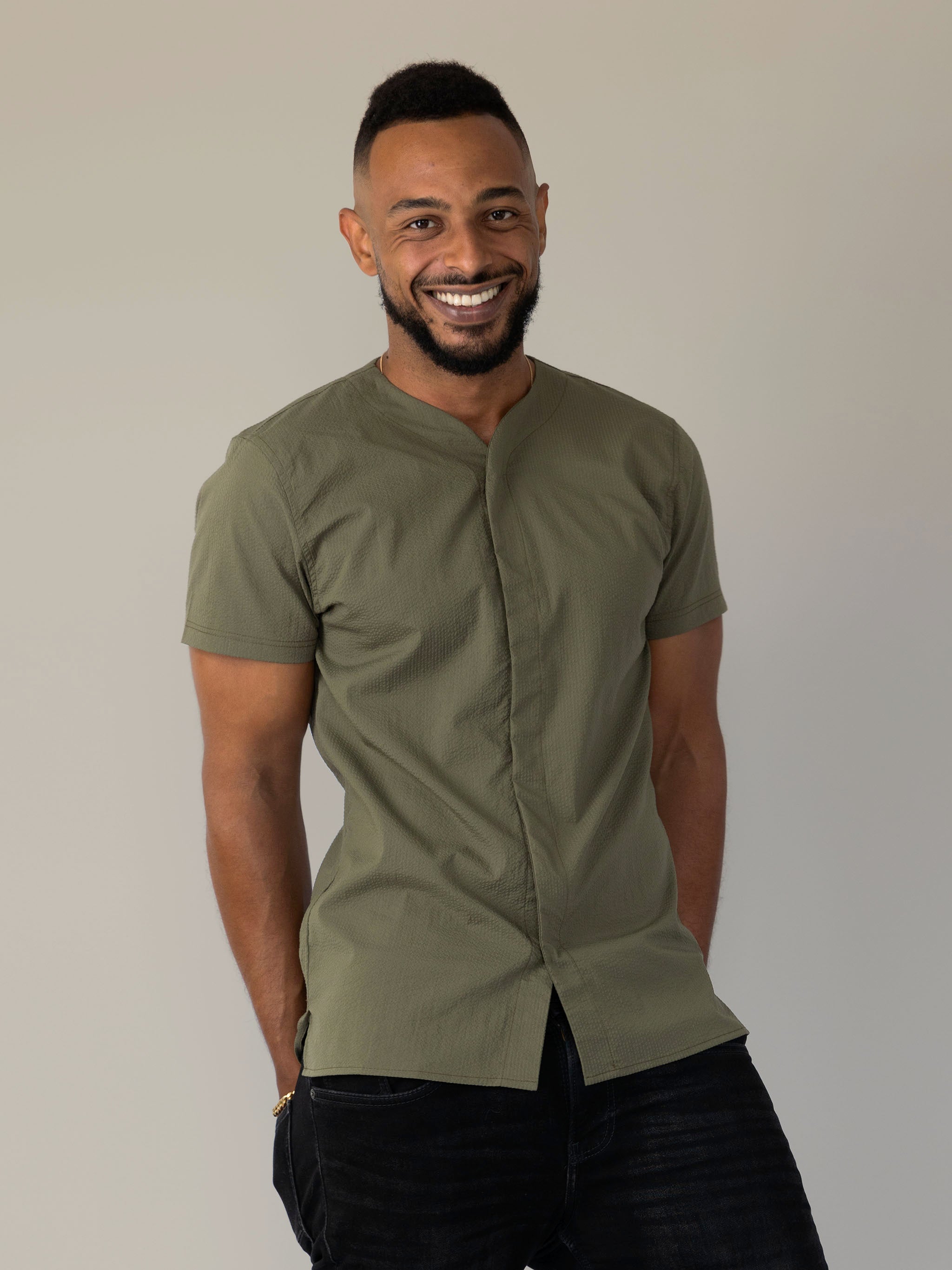SeerTech™ Seersucker Collarless Short Sleeve Button Up - Khaki (Recycled)
