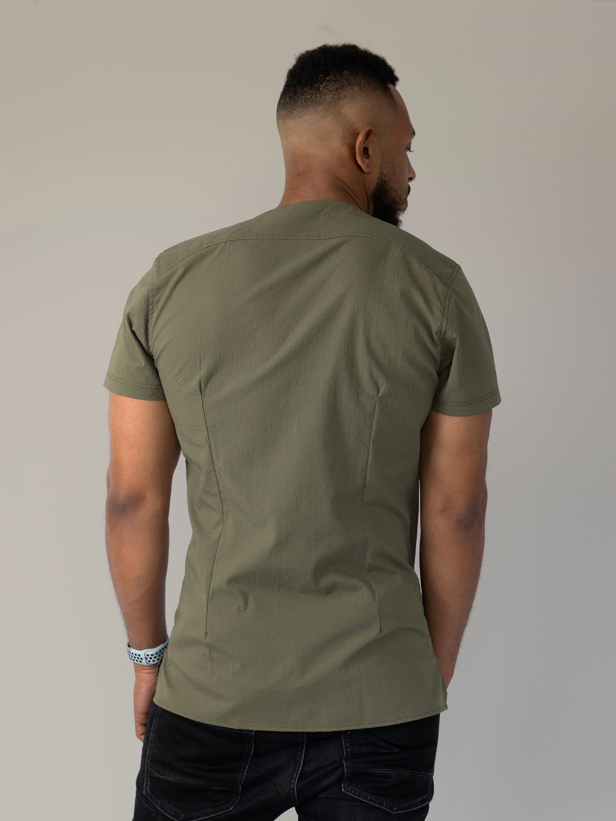 SeerTech™ Seersucker Collarless Short Sleeve Button Up - Khaki (Recycled)