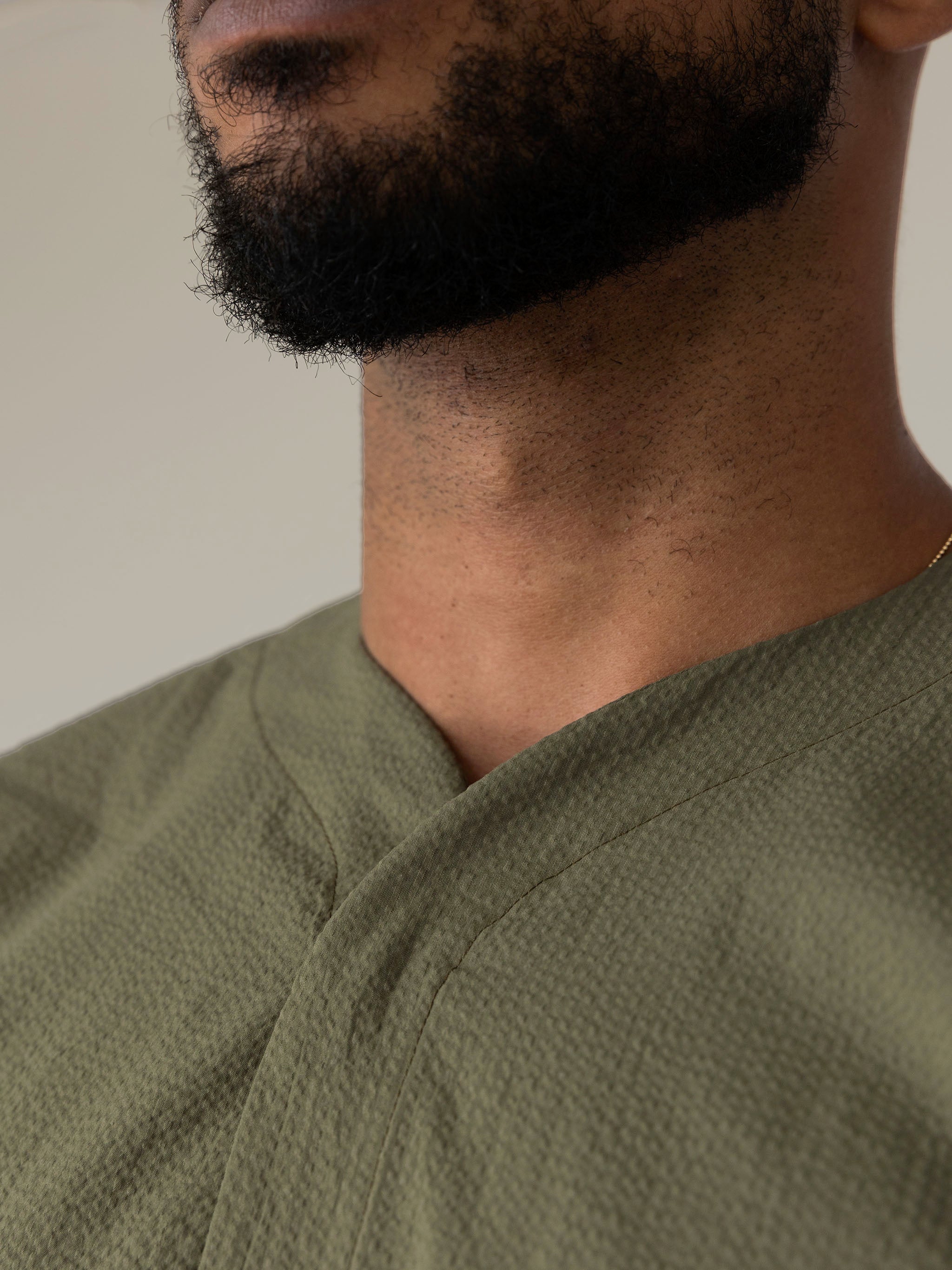 SeerTech™ Seersucker Collarless Short Sleeve Button Up - Khaki (Recycled)
