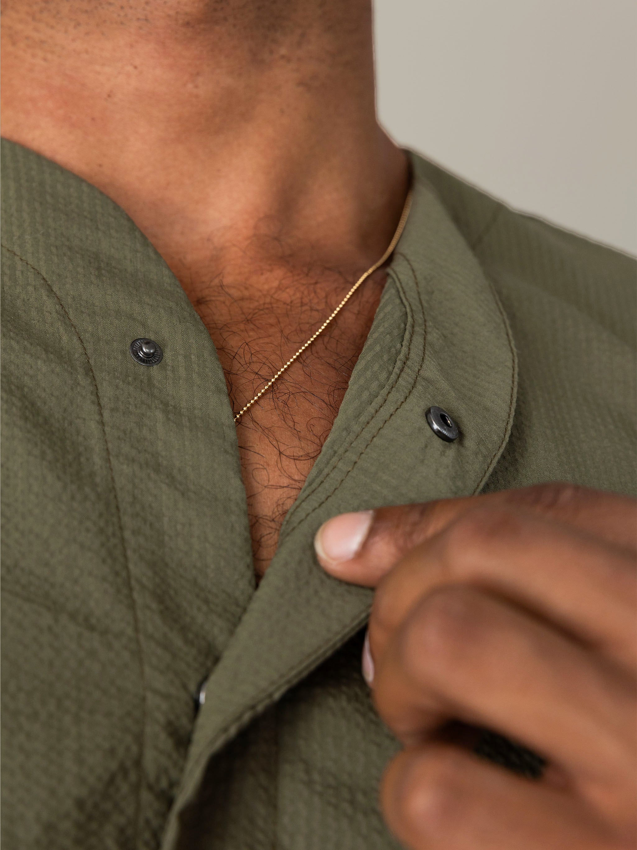 SeerTech™ Seersucker Collarless Short Sleeve Button Up - Khaki (Recycled)