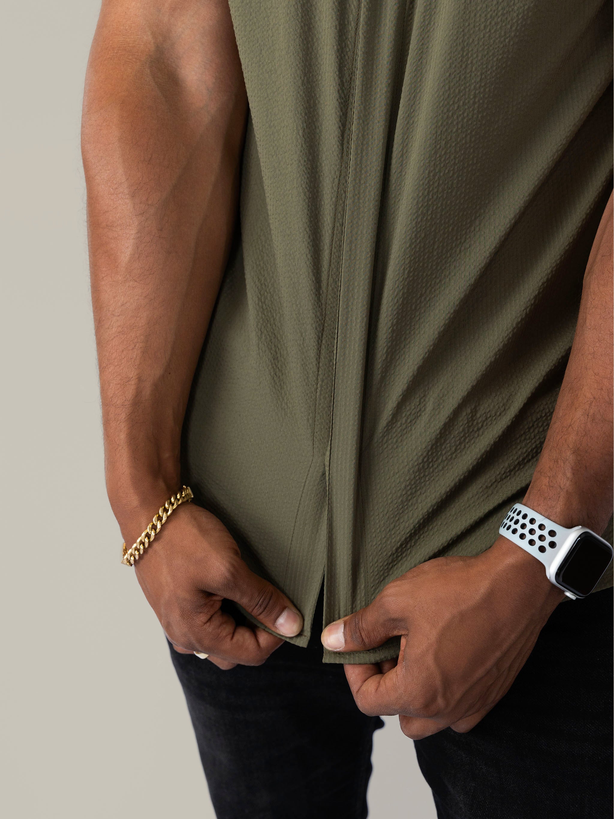 SeerTech™ Seersucker Collarless Short Sleeve Button Up - Khaki (Recycled)