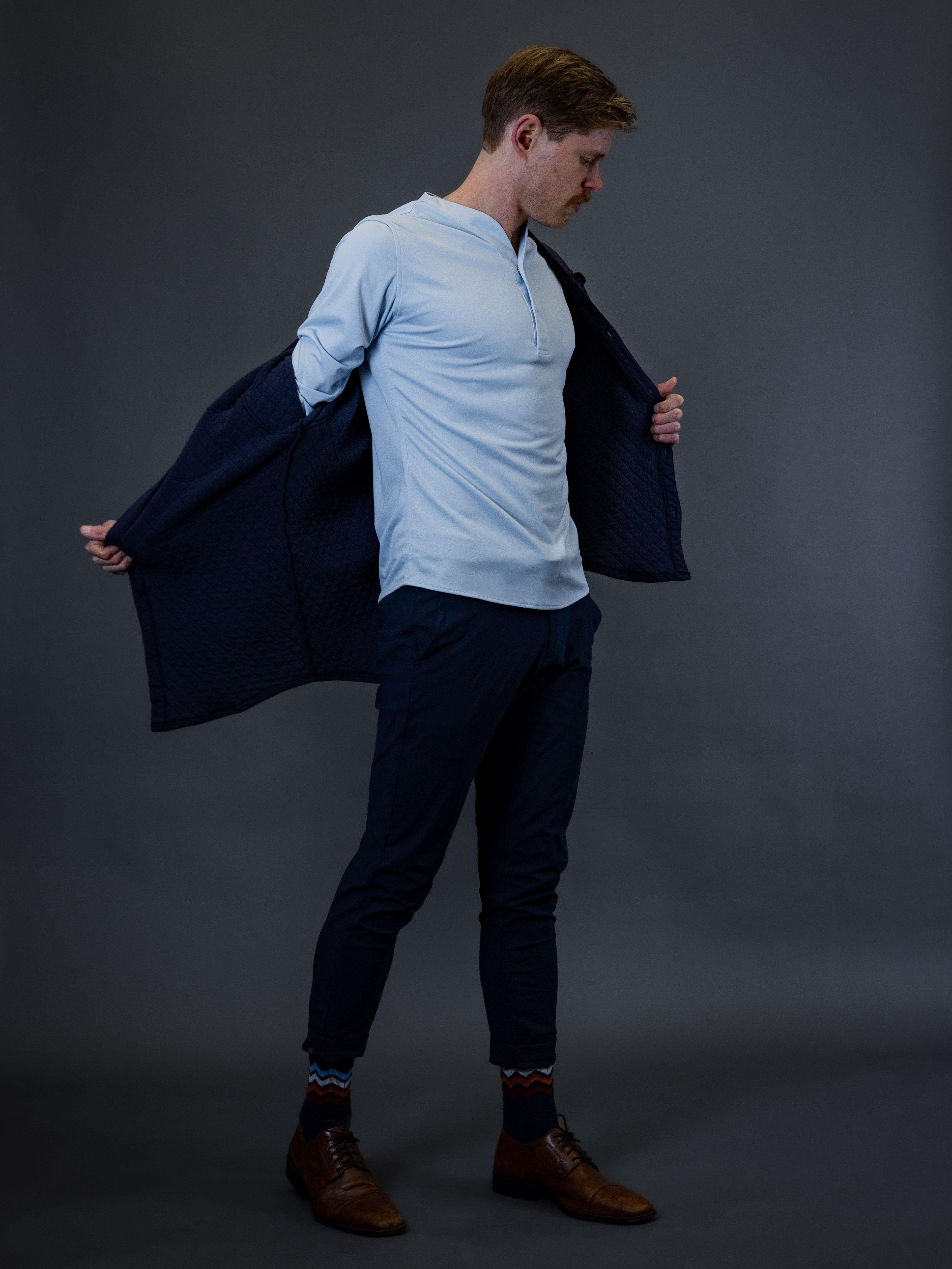 model wearing smart casual collarless dress shirt