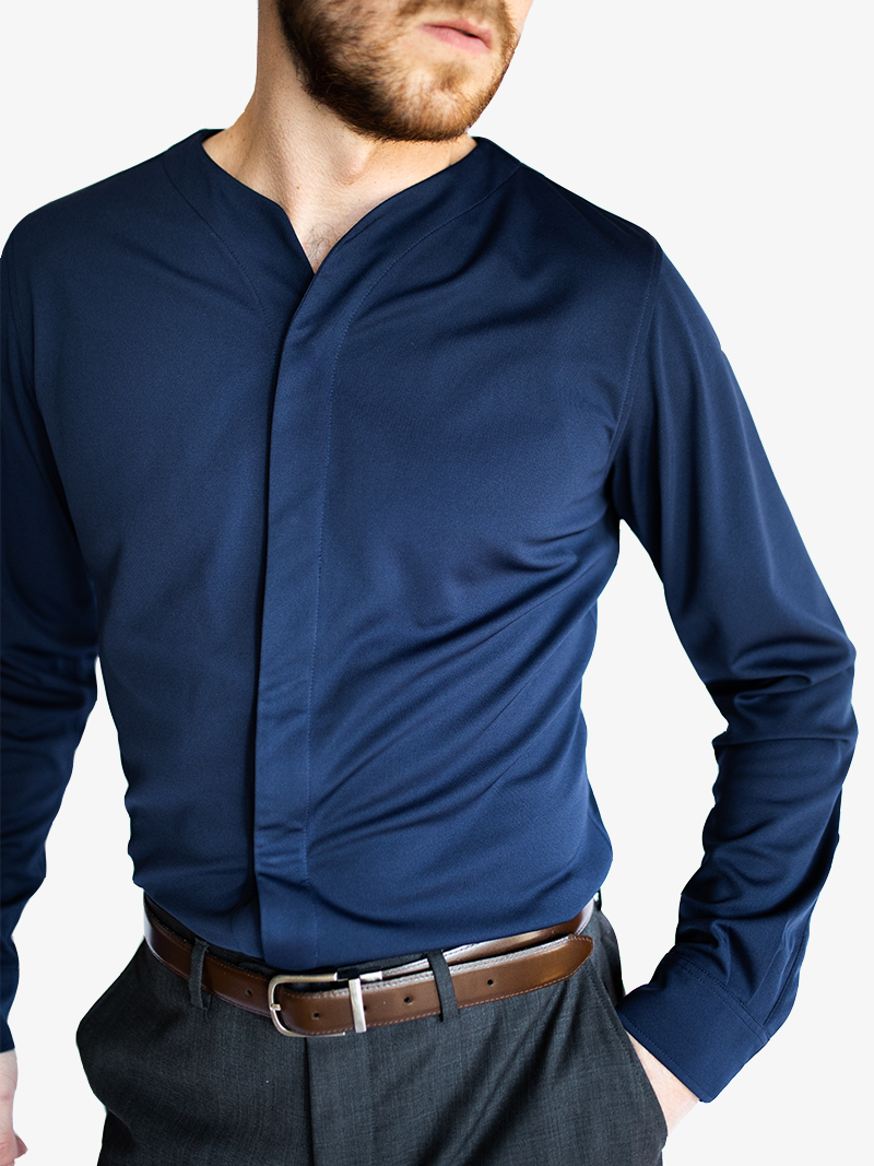 man wearing Cheegs navy blue collarless dress shirt without a coat and tucked in
