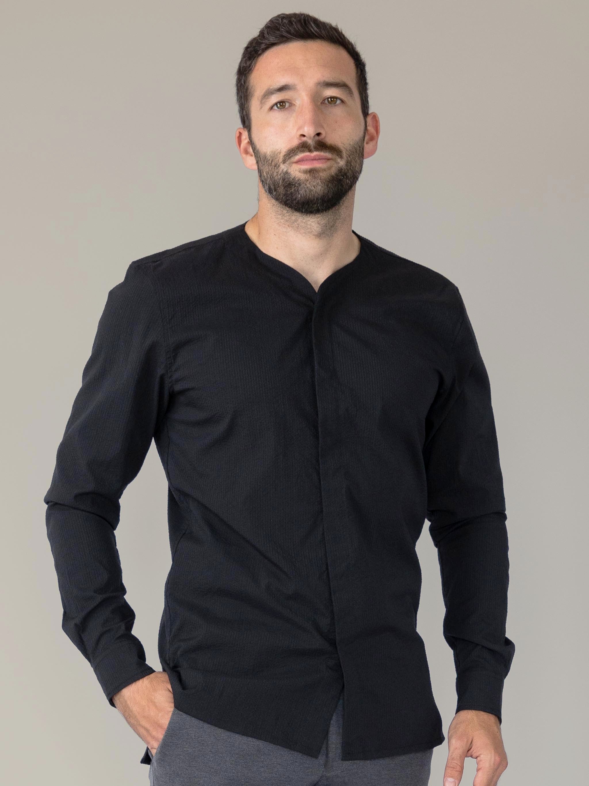 Mens black collarless shirt best sale