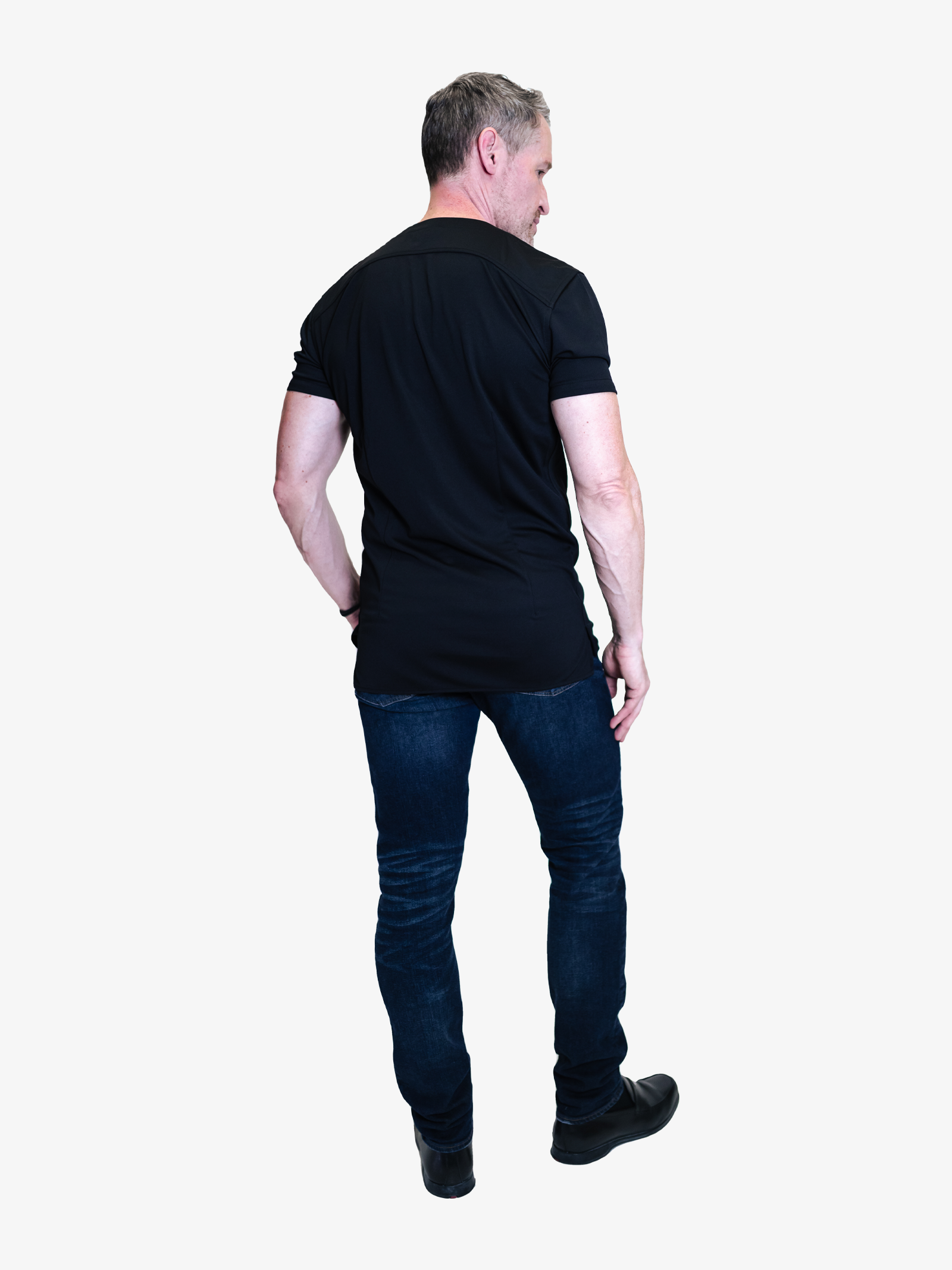 man wearing a black collarless short sleeve shirt custom fitted to his body