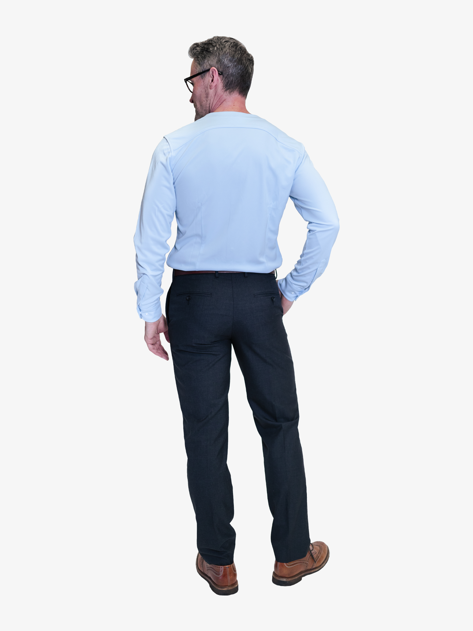Showing the back of this light blue collarless button down with perfectly stitched darts for a fitted slim fit. 