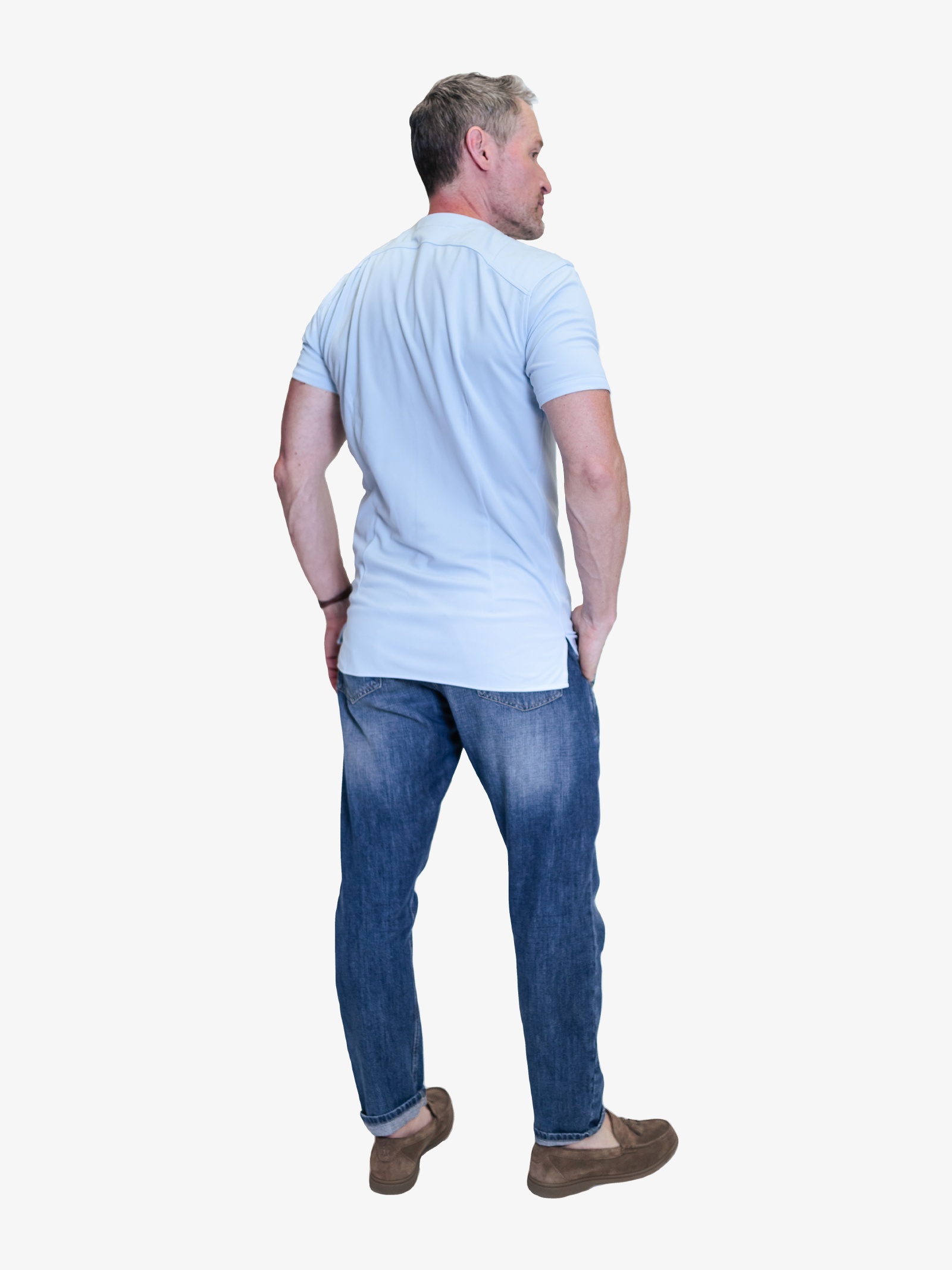 model showing collarless polo shirt from the back side with the darts and slim fitted cut